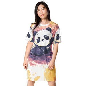 Abito T-shirt con panda giocosi da donna, abito T-shirt oversize e comodo, abbigliamento da giorno e da notte in poliestere, taglie dalla 2XS alla 6XL, 1