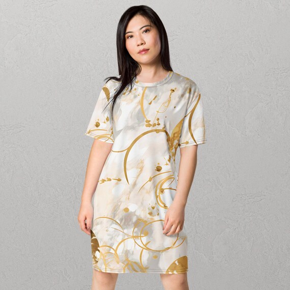 slim fit dress slacks White and Gold Parisian Slogan T-shirt Dress main image 0