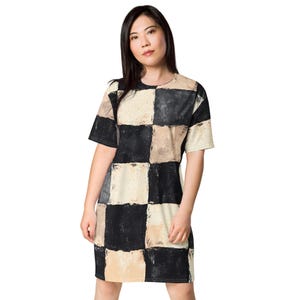 Abito T-shirt a scacchi vintage da donna, abito T-shirt oversize comodo, abbigliamento da giorno e da notte in poliestere, taglie dalla 2XS alla 6XL
