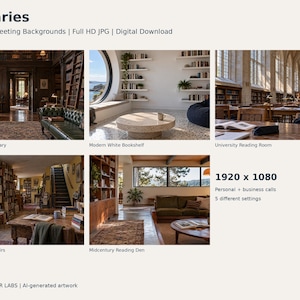 Op de afbeelding: Een digitale collectie genaamd Libraries met 5 virtuele vergaderachtergronden in 1920 x 1080 resolutie. De set bevat afbeeldingen van een klassieke eiken bibliotheek, moderne witte boekenplanken, een universiteitsleeszaal, een boekenwinkel en een leeskamer.