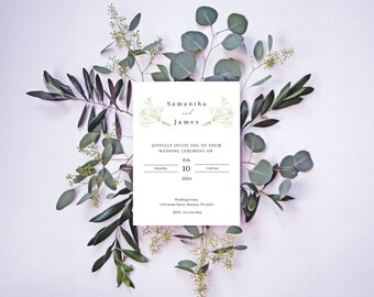 Plantilla minimalista de invitación de boda floral, personalizable en Canva (descarga digital)