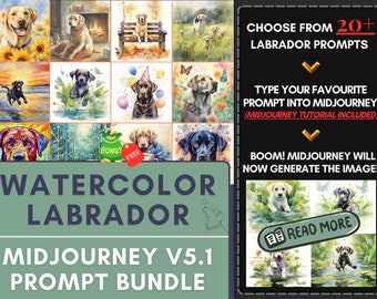 Learn Midjourney Prompt Guide Labrador Dog Art Bundle AI Watercolor Clipart Retriever Gifts for Dog Lovers Custom AI Prompts Dog Art Custom