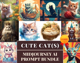 Midjourney Prompts Cute Cat Clipart Bundle + BONUS | 20+ AI Prompts Guide Cute Cat Illustration Art persian Ragdoll Maine Coon Sphynx