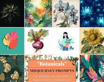Midjourney Prompts 20+ Botanical AI Prompts Bundle + BONUS | Prompt Guide, Creative Plant & Jungle AI Art Design, Jungle Botanical Wallpaper