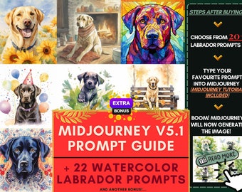 Midjourney Prompt Guide AI Prompts Watercolor Clipart Labrador Dog Bundle Artificial Intelligence Tutorial Learn AI Design Tool Illustration