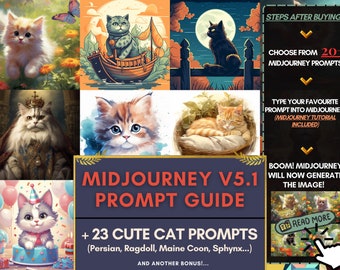 Midjourney Prompt Guide AI Prompts Cute Cat Illustration Art Watercolor Printable Machine Learning Home Decor Social Media Cat Lovers Gift