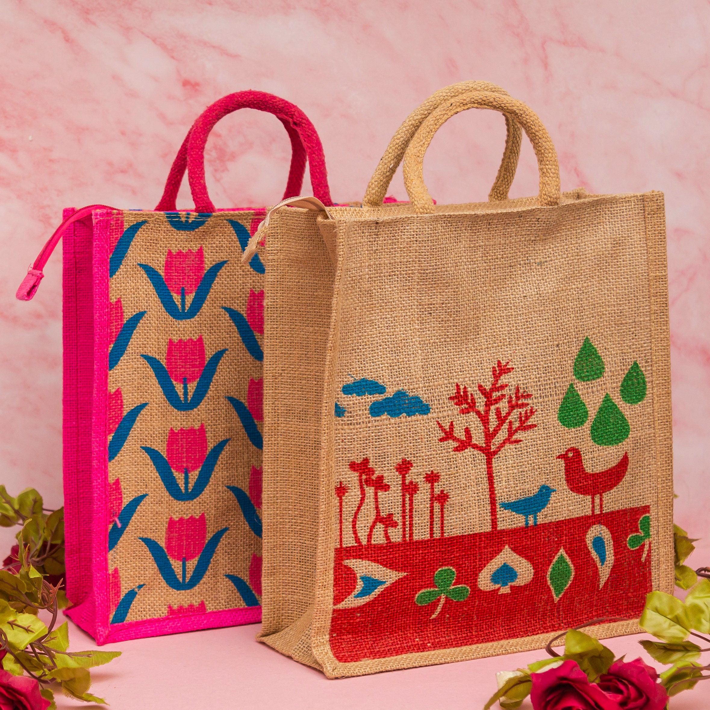 Eco Friendly Reusable Hand Made Large Jute Tote Bag Hand Painted Tulip