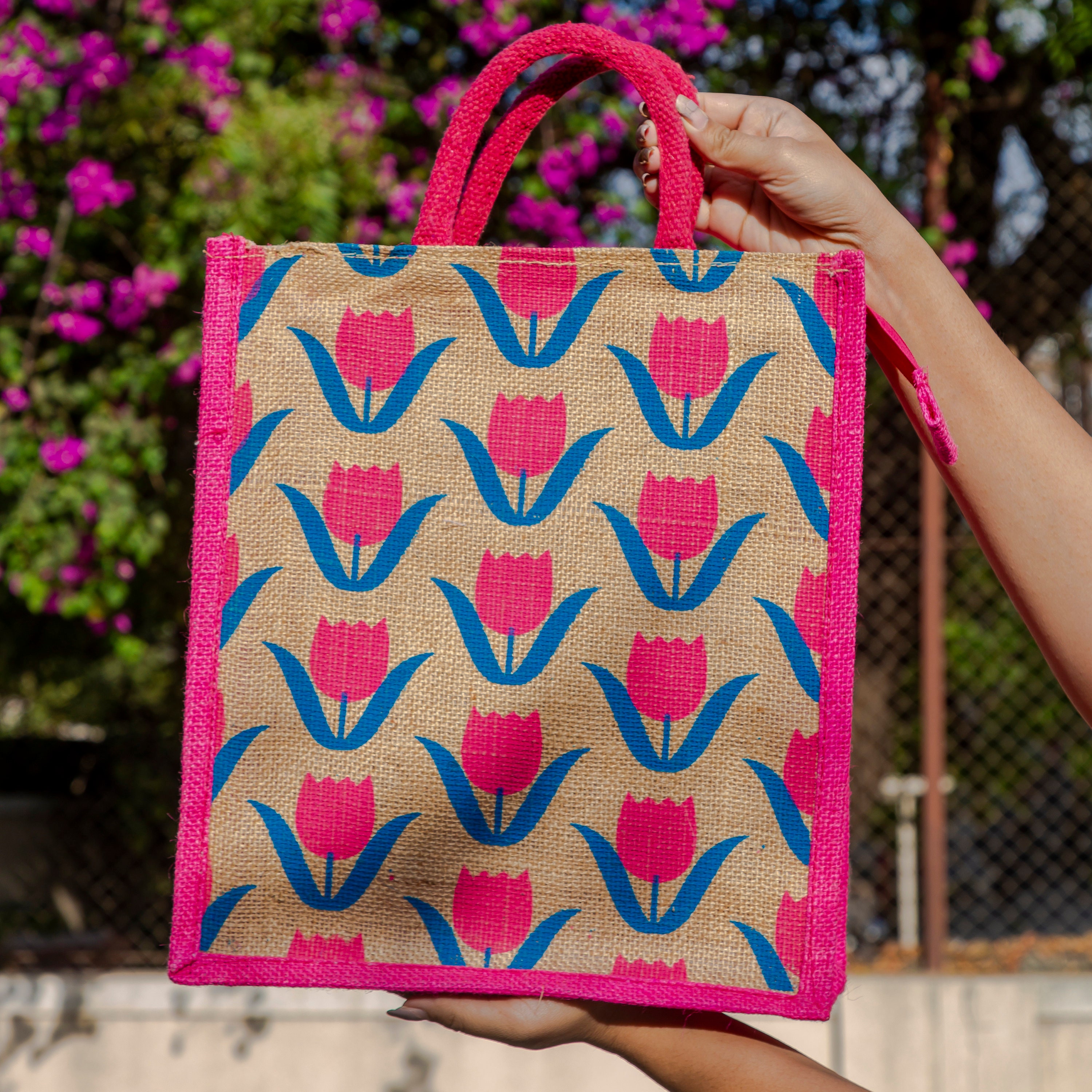 Eco Friendly Reusable Hand Made Large Jute Tote Bag Hand Painted Tulip