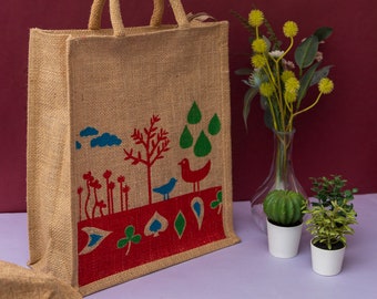 Grand sac fourre-tout en jute écologique réutilisable fabriqué à la main - Peint à la main - Sac durable - Sac cadeau