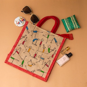 Eco Friendly Reusable Hand Made Medium Jute Tote Bag -  Hand Painted - Sustainable Bag - Gift Bag