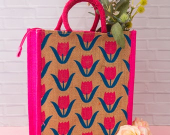 Grand sac fourre-tout en jute écologique réutilisable fabriqué à la main - Sac durable en forme de tulipe peinte à la main - Sac cadeau