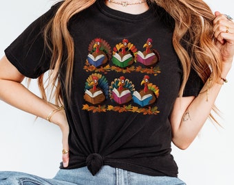 Thanksgiving Shirts for Women, Bookish Tshirts, Comfort Colors Friendsgiving Shirt for Book Lovers, Gift for Teacher, Thanksgiving Librarian