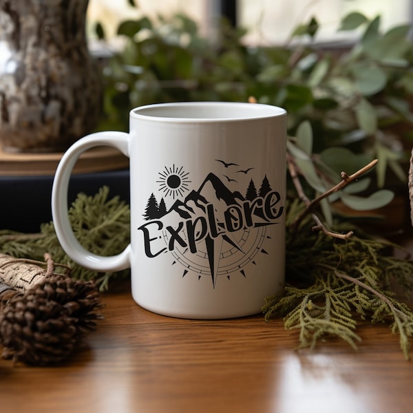 Explore Mug, Backpacker Mug, Hiking Gift, Mountain Climber Mugs, Adventure Coffee Cup, Mountain Wedding Mugs, Camper Gift, Traveler Mug