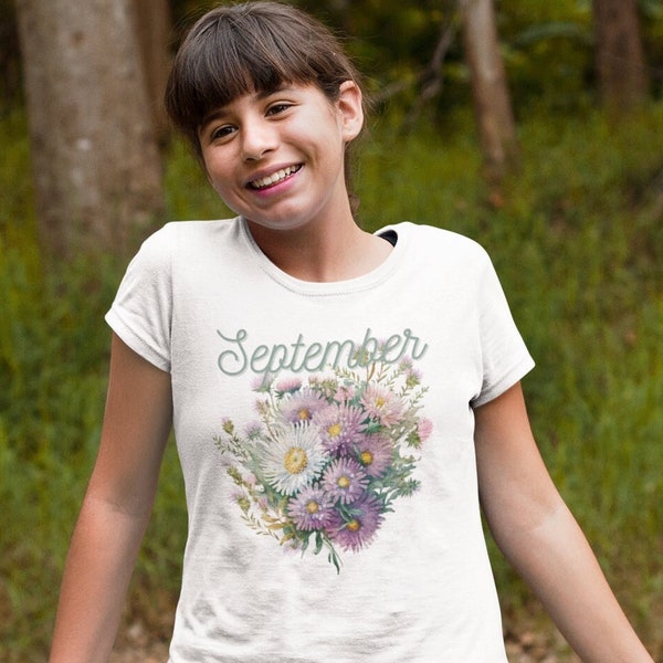 Youth Floral T-Shirt With Aster, Official Flower of the Month for September, Shirt Gift for September Babies, Monthly Flowers Tshirt
