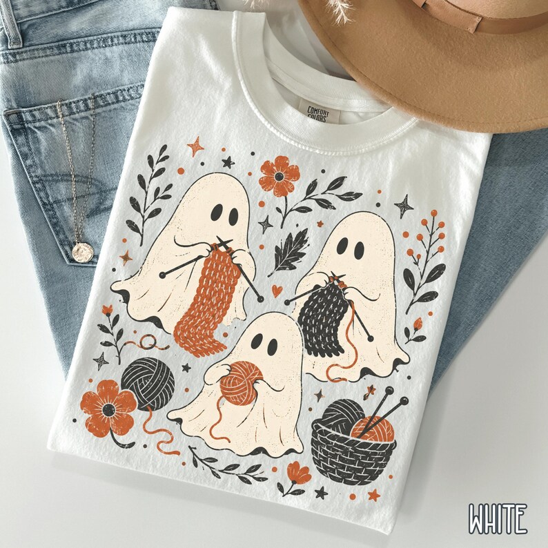 Knitting Ghost Shirt, Halloween Knitting Tee, Ghost Knitter Shirt, Yarn Lover Gift, Crafting Mom Fall Knitting Shirt White