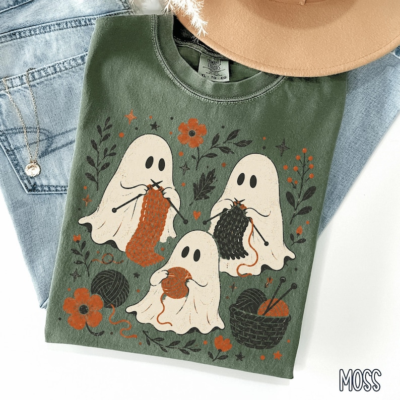 Knitting Ghost Shirt, Halloween Knitting Tee, Ghost Knitter Shirt, Yarn Lover Gift, Crafting Mom Fall Knitting Shirt Moss