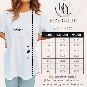 May include: White t-shirt with a size guide chart. The chart displays measurements in inches for sizes S through 4XL, including length and width. The text on the chart reads "SIZE GUIDE" and "CC1717".