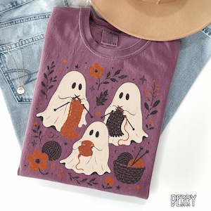 Knitting Ghost Shirt, Halloween Knitting Tee, Ghost Knitter Shirt, Yarn Lover Gift, Crafting Mom Fall Knitting Shirt Berry