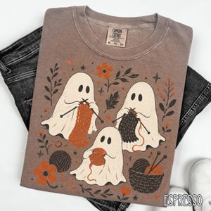 Knitting Ghost Shirt, Halloween Knitting Tee, Ghost Knitter Shirt, Yarn Lover Gift, Crafting Mom Fall Knitting Shirt Espresso
