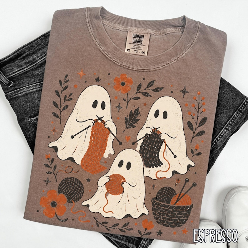 Knitting Ghost Shirt, Halloween Knitting Tee, Ghost Knitter Shirt, Yarn Lover Gift, Crafting Mom Fall Knitting Shirt Espresso
