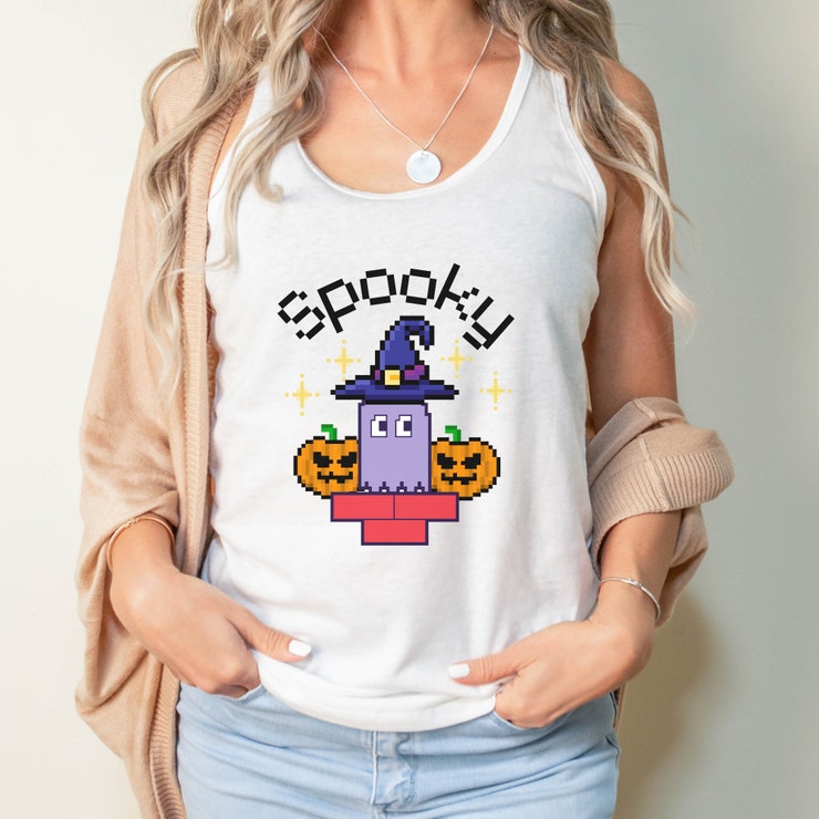 Spooky Crop Top, Cute Retro Pixel Style Halloween T-Shirt, Cropped Tee Or Tank Top, Cute Halloween Ghost Apparel, Fall Shirts, Spooky Season