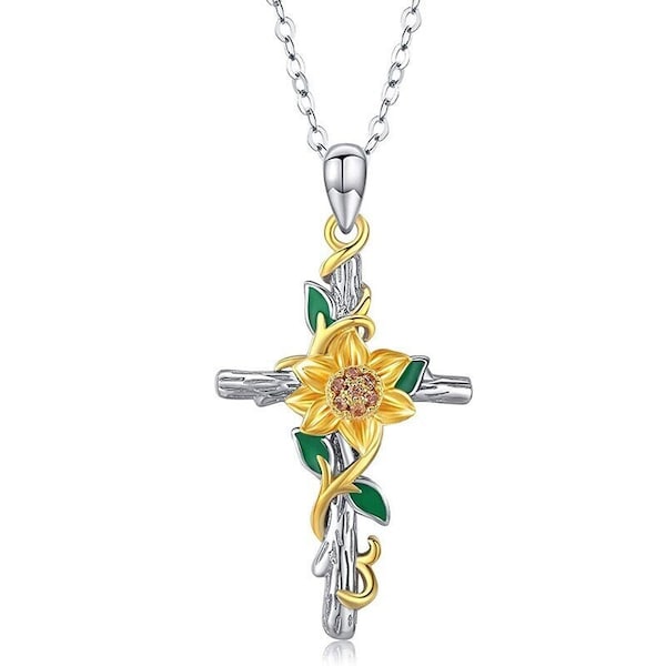 Sunflower Cross Necklace, Multi-Colored Sunflower Pendant, Gold Sunflower, Sterling Silver Sunshine Pendant, gift ideas, gift for mom