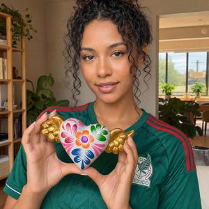 May include: A heart-shaped ornament featuring gold-painted wings on each side. The center of the heart is white and decorated with a vibrant, hand-painted floral pattern in shades of orange, pink, blue, and green, creating a symmetrical design.