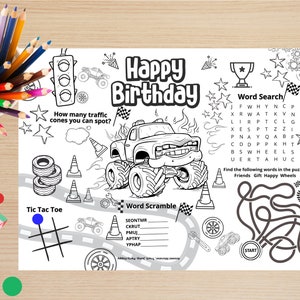 Geburtstag Monstertruck Papier Tischset pdf | Malvorlage | zu Hause drucken | Aktivität für Kinderparty | Sofortdownload | Tischset zum ausmalen