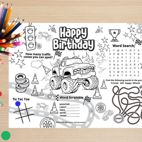 Birthday monster truck paper placemat pdf | colouring page | print at home | activity for kids party | instant download | colouring placemat