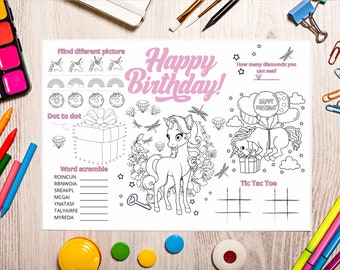 Unicorn paper placemats pdf | colouring page | print at home | activity for kids party | instant download | colouring placemat