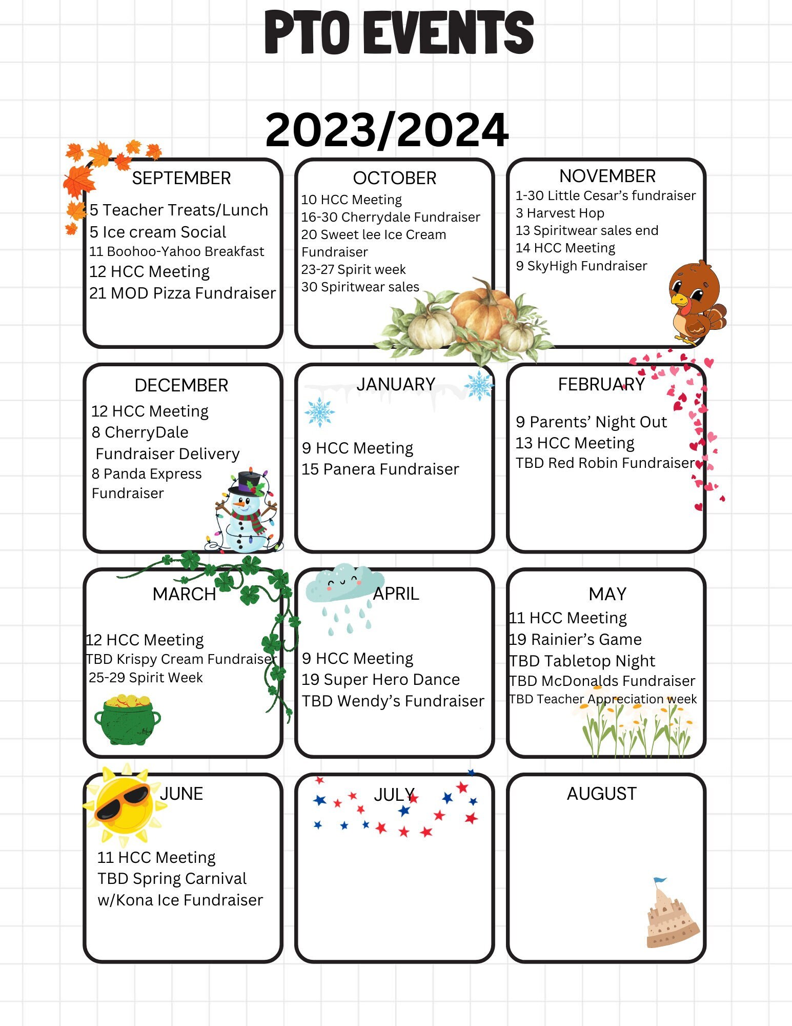 Yearly Calendar Template // PTO// Teacher//school // Pta//printable