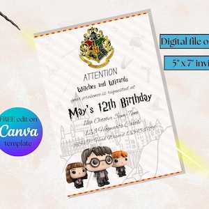 May include: A digital invitation for a 12th birthday party with a Harry Potter theme. The invitation includes the text "Attention Witches and Wizards" and "May's 12th Birthday". The invite is 5" x 7" and can be edited on Canva.