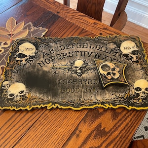 Handmade Wooden Ouija Board & Planchette 12&quot; x 20&quot; Occult Decor with Wicked Skull Design for Witchcraft and Spirituality