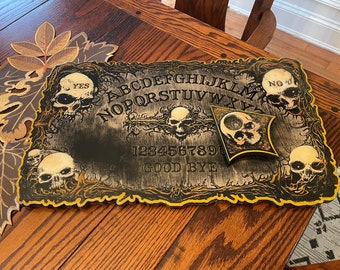 Handmade Wooden Ouija Board & Planchette 12&quot; x 20&quot; Occult Decor with Wicked Skull Design for Witchcraft and Spirituality