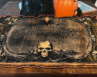 Wooden Ouija Board and Planchette 12&quot; x 20&quot; Dark Skull Design Handmade Occult Decor