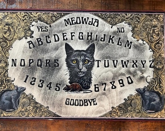 Real Wood Spirit Board with Vintage Black Cat – Handmade Gothic Halloween Gift – 15"x20"