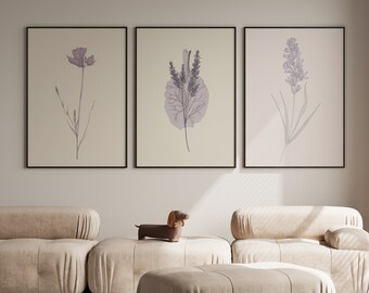 Ensemble de 3 estampes d'art mural lavande, art mural fleur pourpre, art botanique minimalisme, décoration murale de chambre à coucher minimaliste pour filles, art imprimable
