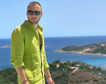 Camisa de lino pistacho: lino europeo unisex, ropa de ocio ecológica.