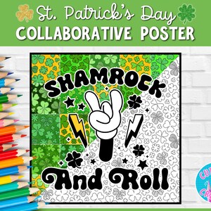 Könnte beinhalten: Eine Schwarzweiß-Malvorlage mit einem Kleeblatt und dem Text "Shamrock and Roll". Die Seite ist von einem Rand aus Kleeblättern umgeben.