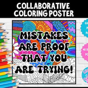 Póster para colorear colaborativo / Mentalidad de crecimiento / ¡Los errores demuestran que lo estás intentando! / Actividad de trabajo en equipo / Primaria / Consejero escolar