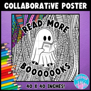 May include: Black and white coloring page featuring a ghost reading a book with the text "Read More Booookks" and a colorful background. The page is 40 inches by 40 inches.