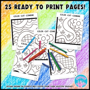 May include: A set of 25 printable coloring pages with a "Color-Cut-Combine" theme. The pages feature black and white line drawings of abstract shapes and designs. The text "25 Ready to Print Pages!" is at the top of the image.