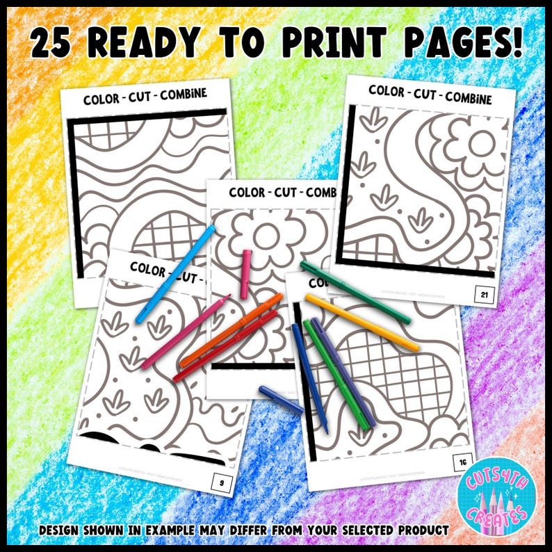 May include: A set of 25 printable coloring pages with a "Color-Cut-Combine" theme. The pages feature black and white line drawings of abstract shapes and designs. The text "25 Ready to Print Pages!" is at the top of the image.