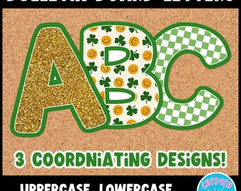 Bulletin Board Letters Printable Decorations Kit ABC Uppercase Lowercase Numbers Symbols Green Glitter St. Patrick's Day March Alphabet