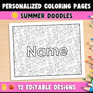 May include: A black and white coloring page with a summer theme. The page is filled with various summer doodles, including ice cream cones, sunglasses, flip flops, and beach balls. The word "Name" is written in large letters in the center of the page. The page is designed to be personalized with a child's name.