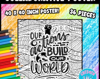 Collaborative Coloring Poster 36 Pieces | Our Actions Build Our World | Teamwork SEL Activity Classroom Teacher Counselor Bulletin Board
