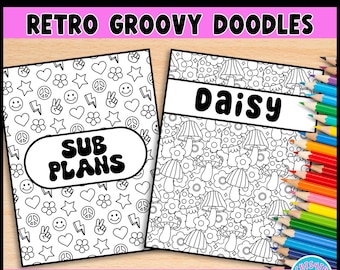 EDITABLE Binder Covers Retro Groovy Cute Doodle Pattern Coloring Pages Canva Template Google Slides PowerPoint