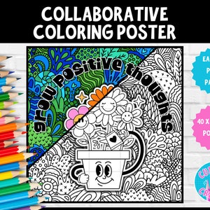 Teamwork Growth Mindset Activity Collaborative Coloring Poster Bulletin Board Grow Positive Thoughts | Counseling SEL Elementary