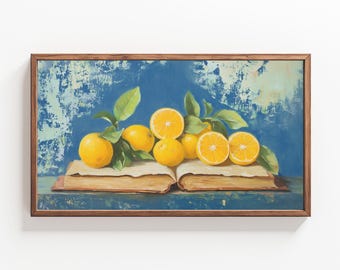 May include: A painting of a still life featuring a book with a stack of sliced oranges on top. The oranges are arranged in a row, with the slices facing the viewer. The book is open, and the pages are visible. The background is a blue wall with a textured surface.