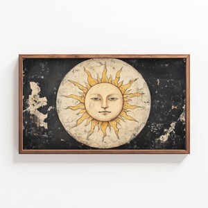 Arte rustica con volto di sole celeste / Design vintage rovinato per carta da parati TV Samsung Frame